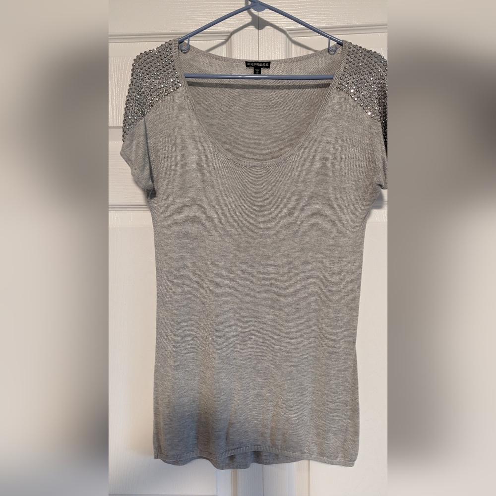 Express | Silver Knit Shirt with Rhinestone Shoulders